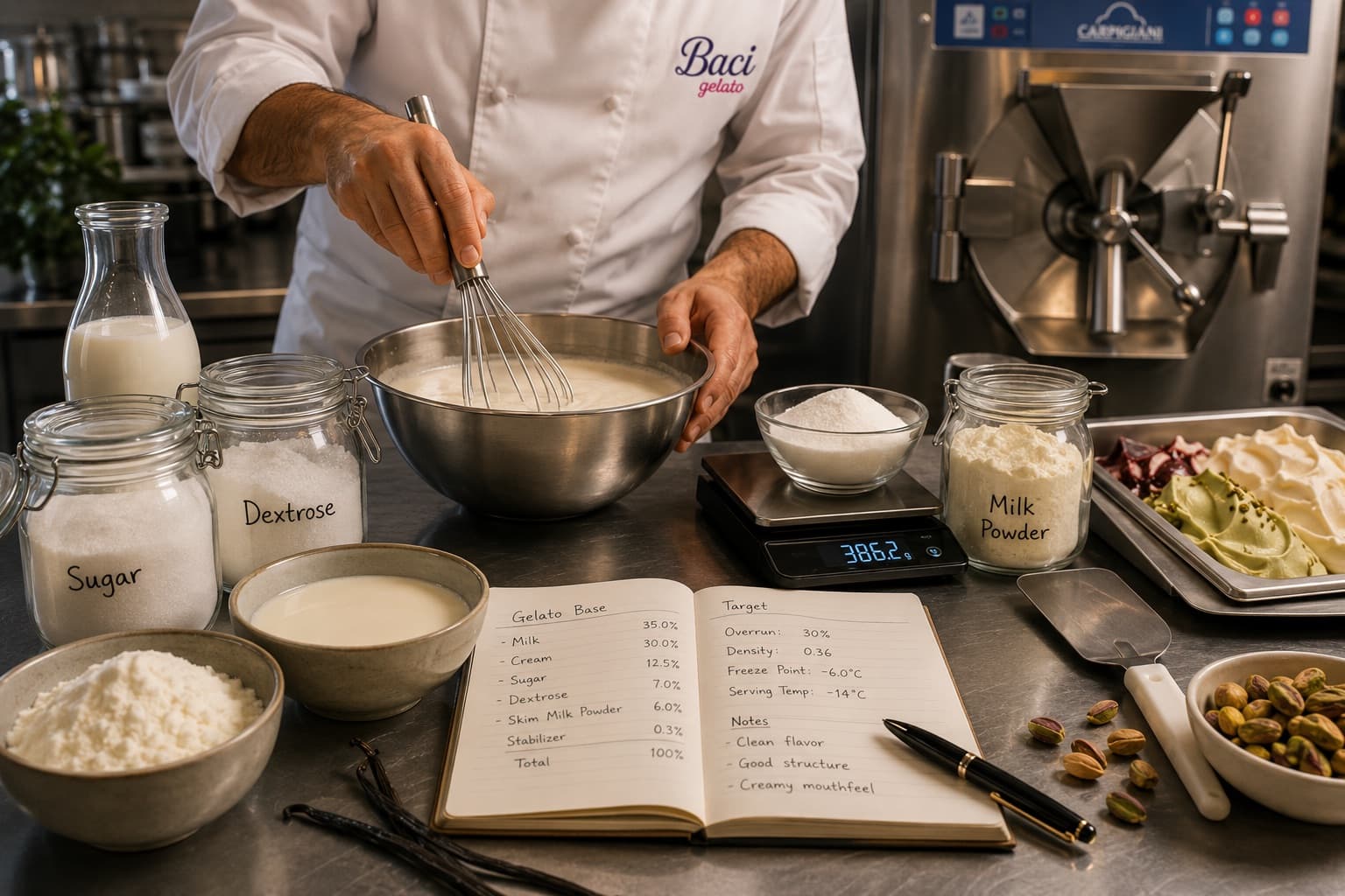 Chef whisking a gelato base beside a notebook with the base formulation and target overrun