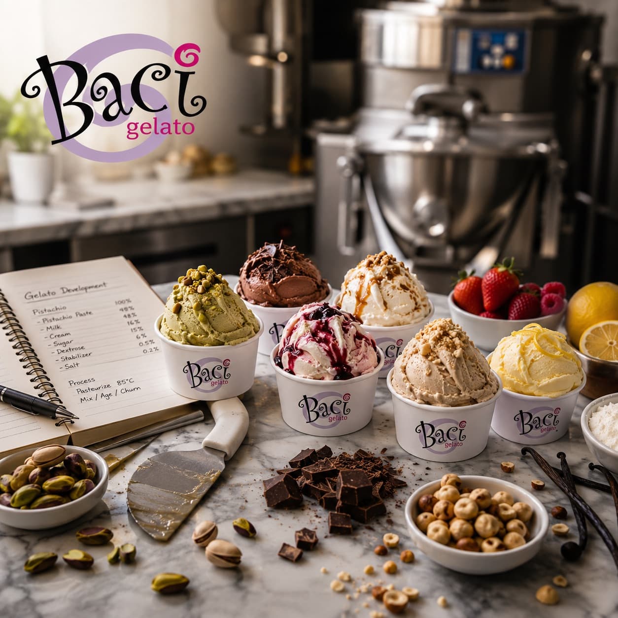 Baci Gelato development bench — cups of new flavors beside a notebook of recipe percentages