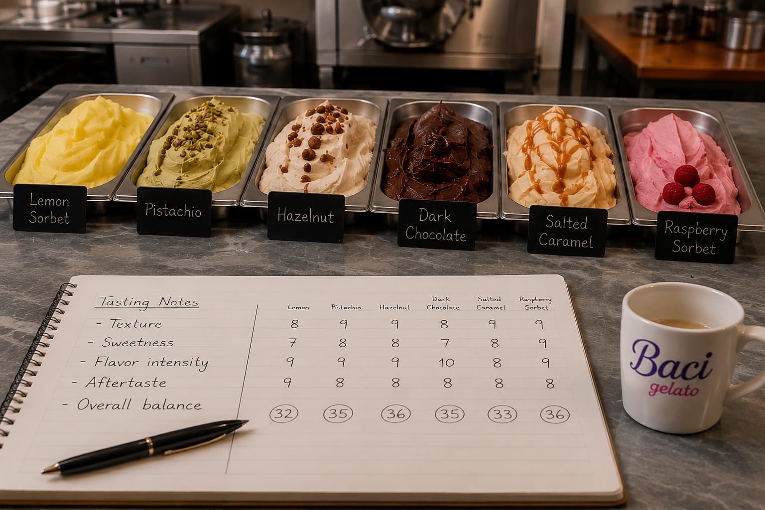 Six labeled pans — lemon sorbet to raspberry sorbet — scored on a tasting-notes sheet