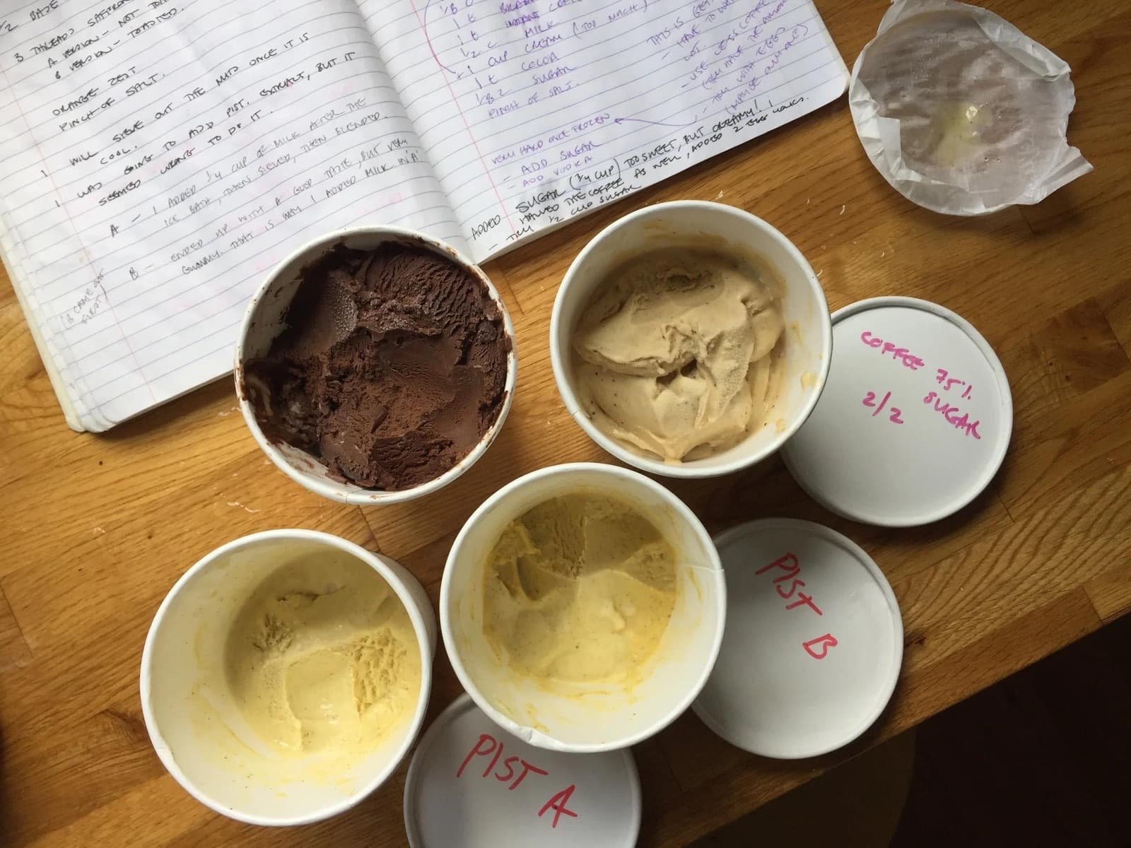 Trial batches of chocolate, coffee and two pistachio variants with the handwritten development log