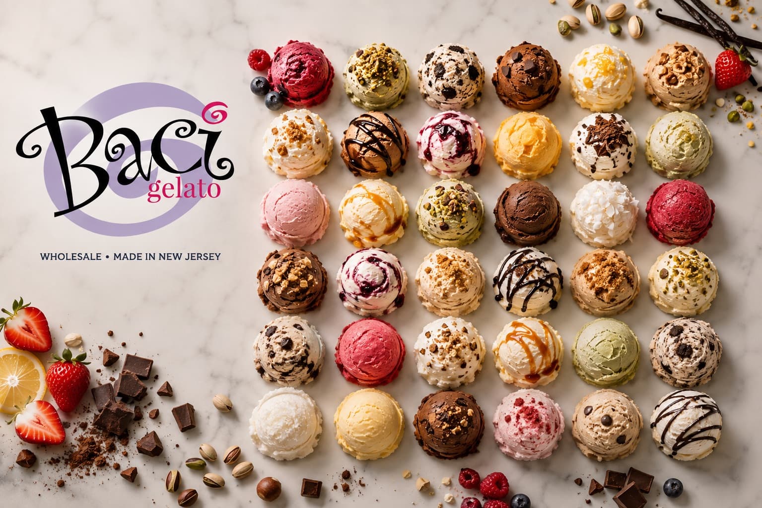 A spread of Baci Gelato flavors in tasting cups