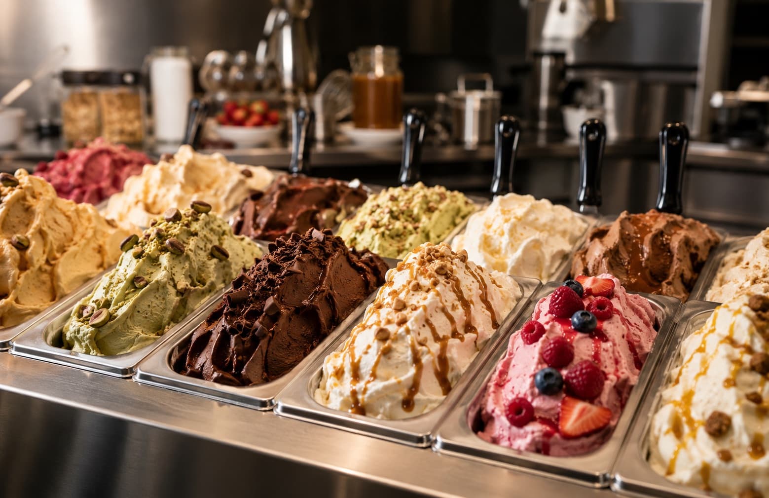 Baci Gelato flavors in a gelateria display case