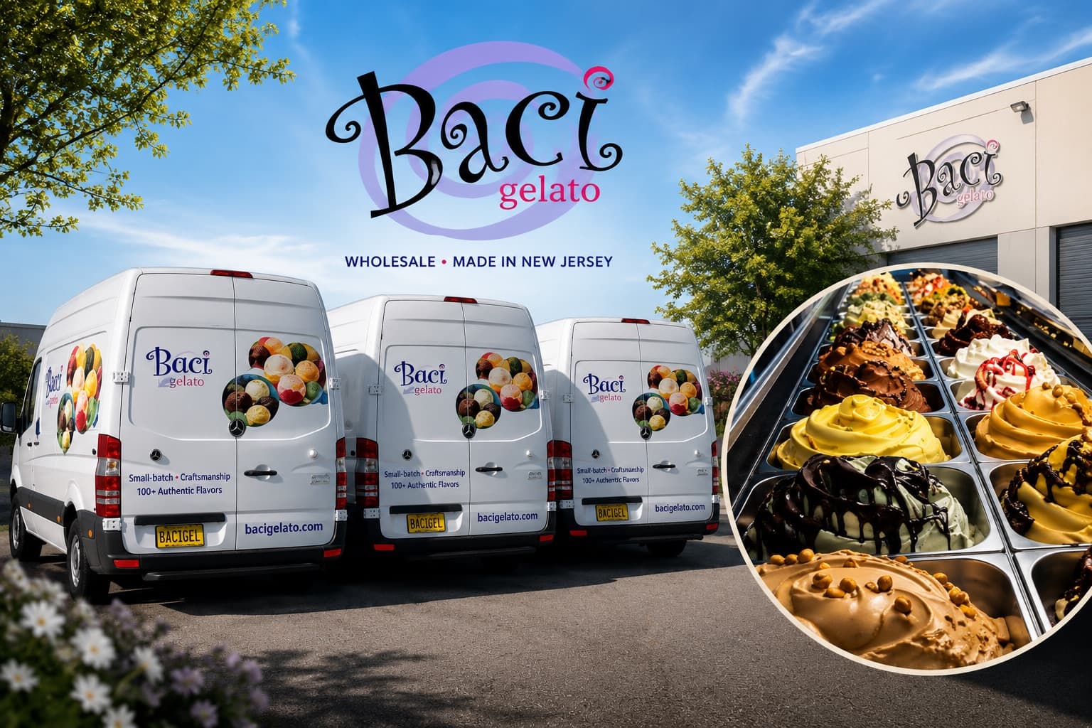 Baci Gelato refrigerated delivery vans outside the New Jersey factory
