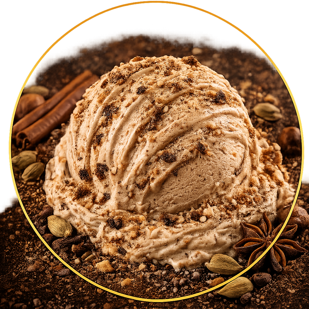 Spiced chai gelato scoop with cinnamon, cardamom, and star anise